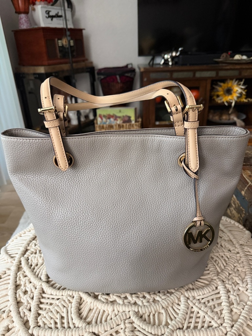 Michael Kors Pebbled Leather Tote in Light Gray with Beige Handles